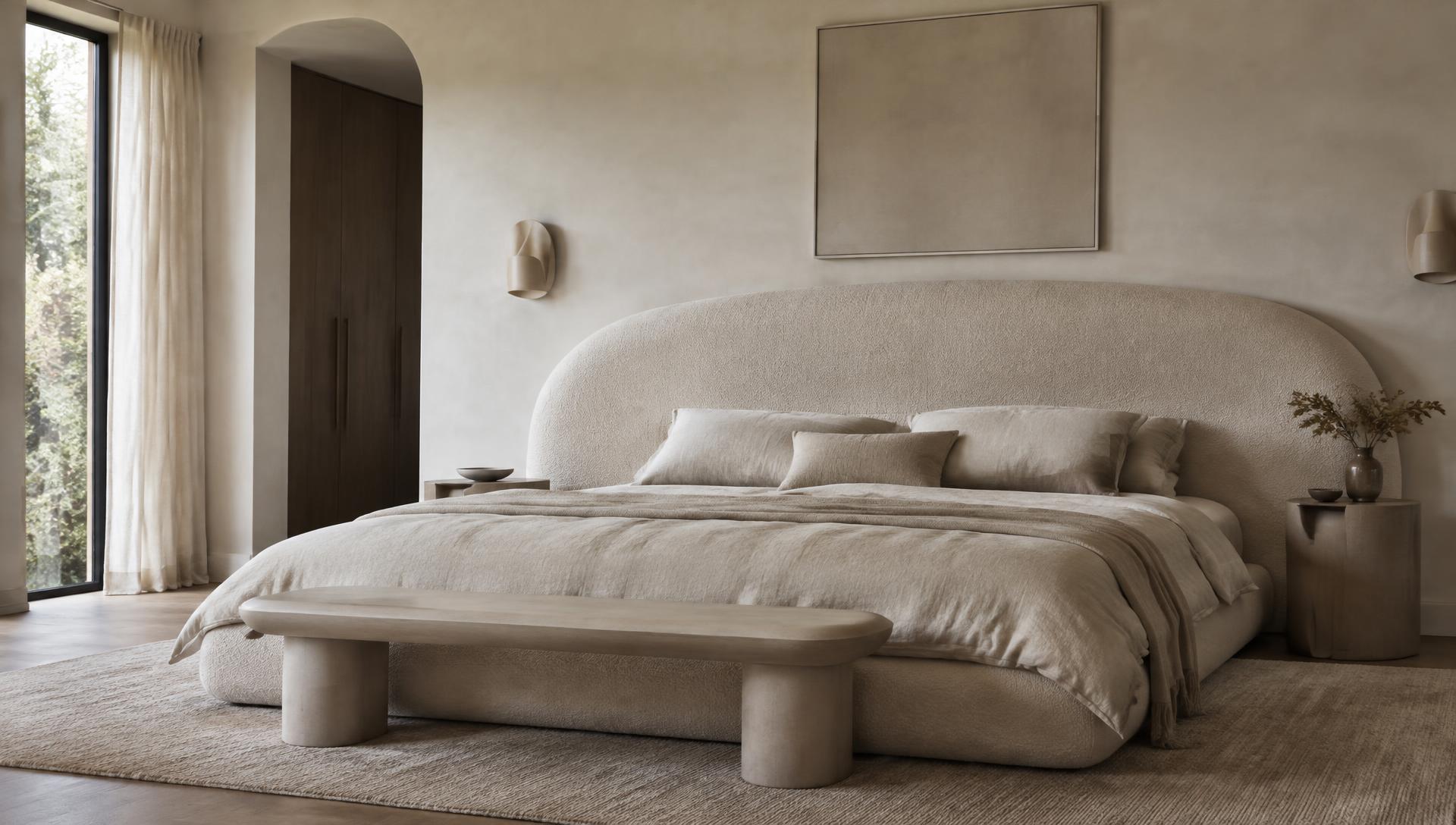 Ivory bouclé custom bed with a wide curved headboard