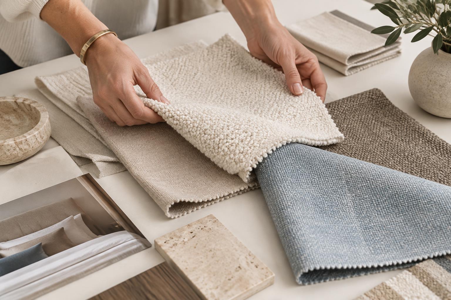 Fabric swatches in cream, sand and mocha